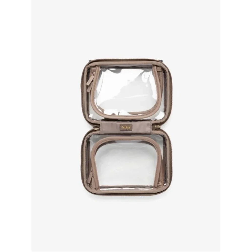 Calpak Small Clear Cosmetics Case In Mocha Makeup Toiletry Travel Bag Dual Zip